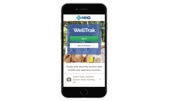 Image of a phone with the WellTrak application open.