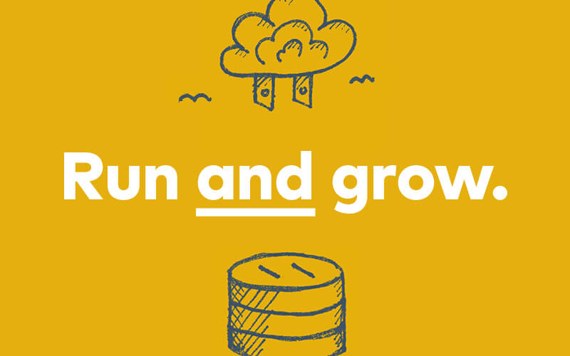 "Run AND grow." 2-pronged plug-like cloud hovering above an outlet-like silos.