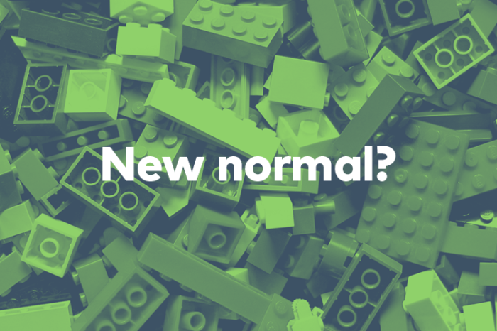 Green Image of a pile of building blocks. Text reads “New normal?”