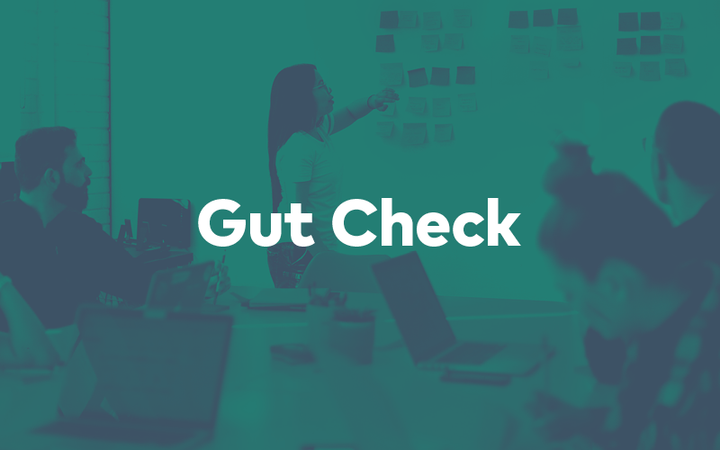 Image of a user testing group in the background with the words "Gut Check" superimposed