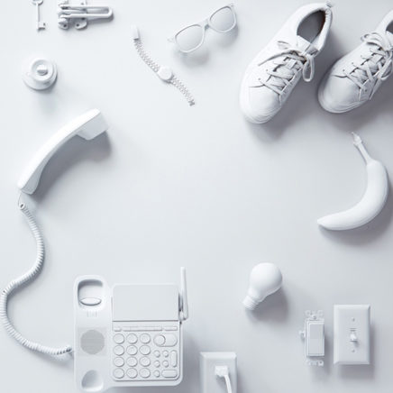 White telephone, shoes, banana, sunglasses, lightbulb and other IoT devices