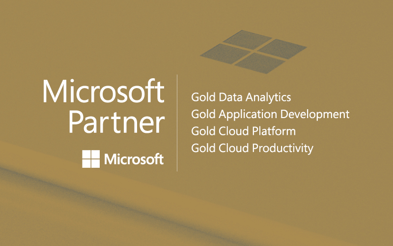 Yellow image with the Microsoft logo. Text reads “Microsoft Partner”. The text to the right of this reads “Gold Data Analytics”, “Gold Application Development”, “Gold Cloud Platform”, and “Gold Cloud Productivity”.