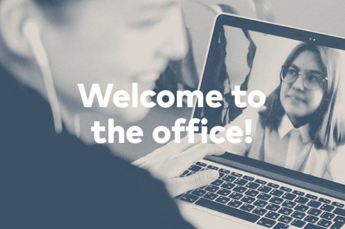 CET developer onboarding. Image shows two people meeting virtually on a laptop. Text reads “Welcome to the office!”.