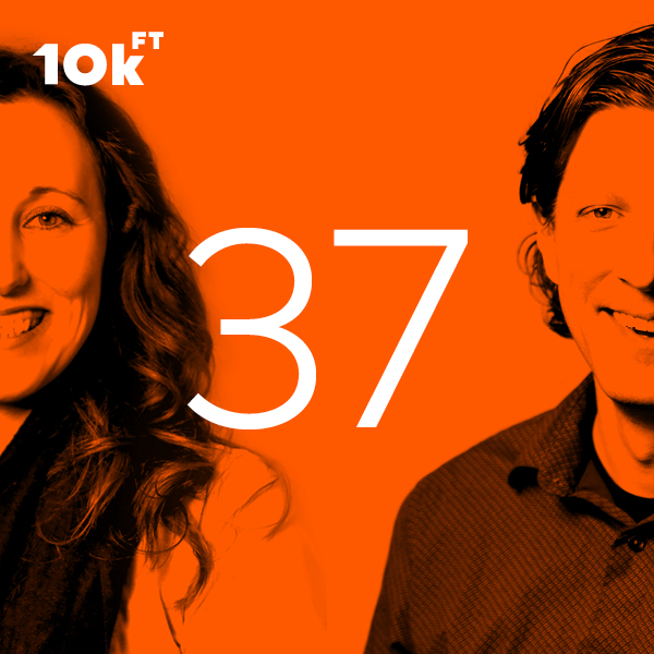 Orange image with text that reads “10k ft” in the top left corner. In the center, the text reads “37”. Behind the text are two headshots of Elizabeth Wilson and Brett Fitzgerald.