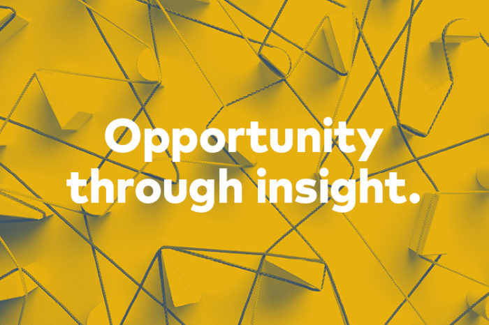 Yellow image with strings looped around various blocks. Text reads “opportunity through insight.”