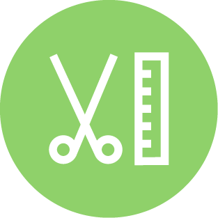 Green circle with a white graphic of scissors and a ruler.