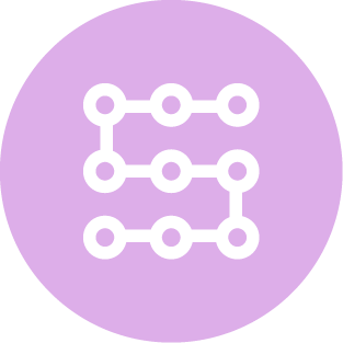 Pink circle with white circles connected by lines in the shape of an “S”.