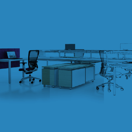 Blue colorized photograph of an office space of desks and chairs. 1/3 of the photo is a sketch, 1/3 a computer-generated rendering, and the final 1/3 a staged studio photograph