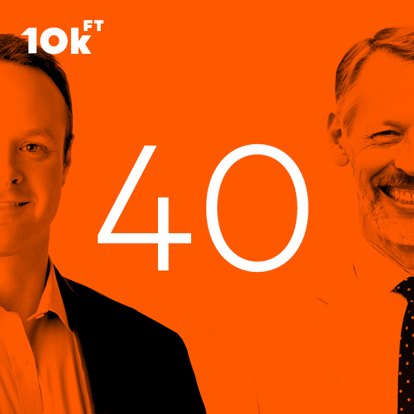 Orange image of side-by-side headshots of Joe Brennan and Jim VanderMey. Center text reads “40”.