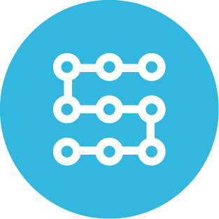 Blue circle icon featuring 9 rings arranged in a 3x3 grid and daisy-chained to form a snake-like shape