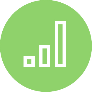 Green circle icon featuring a 3-line bar-graph growing exponentially from left to right