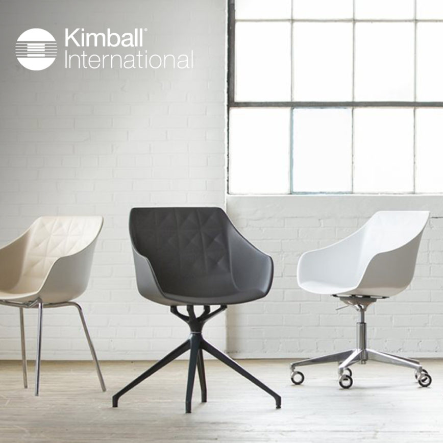 Image of three different chairs in a white room with a window. Text reads “Kimball International” with the Kimball International logo next to it.