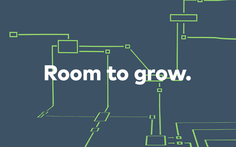 Blue image of lines and rectangles connecting. Text reads “Room to grow.”