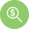 Green circle containing an icon of a magnifying glass focused on a dollar sign