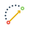 An arrow pointing between two circles. Above is a curved dotted pattern that connects these two circles.