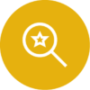 Yellow circle with a magnifying glass with a star inside.