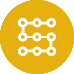 Yellow circle with white circles connected by lines in the shape of an “S”.