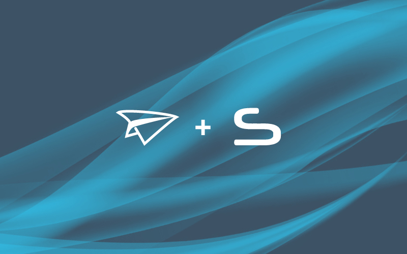 Blue image of OST paper airplane logo, an additon symbol and Stratum logo.