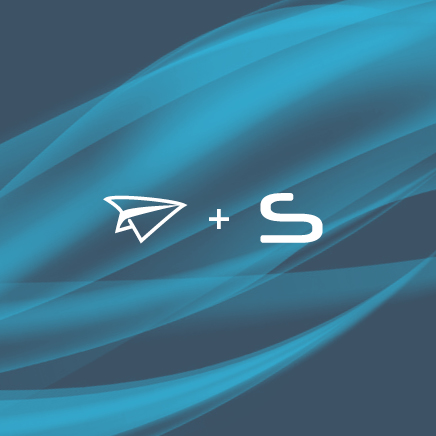 Blue image of OST paper airplane logo, an additon symbol and Stratum logo.