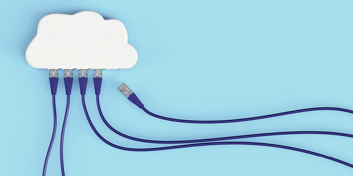 Light blue image with dark blue technology cords plugging into a white cloud