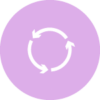 Pink circle with a counterclockwise circle made up of 3 white arrows.