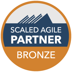 Bronze-colored circle. Inside the circle from top to bottom: a gray semi-circle, dark blue diagonal lines and a dark blue slanted triangle at the bottom of the gray semi-circle, a dark blue stripe in the middle of the full-circle with "Scaled Agile Partner" written in white capital letters, and a bronze semi-circle with "Bronze" written in white capital letters at the bottom of the full-circle.