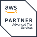 Rectangle with bottom-left and top-right corners removed. Inside the shape is text that reads "aws" with a yellow uppward-curved arrow underneath. Below that reads "Partner" in all capitals with" Advanced Tier Services" written below that all in black.