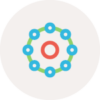 Icon depicting 7 interconnected blue circles arranged in a circle around a sing red circle in the center