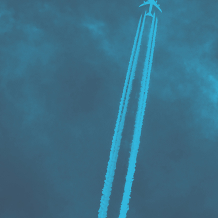 A dark blue and light blue square thumbnail photo depicting an airplane flying through the sky with flight paths streaking off the back
