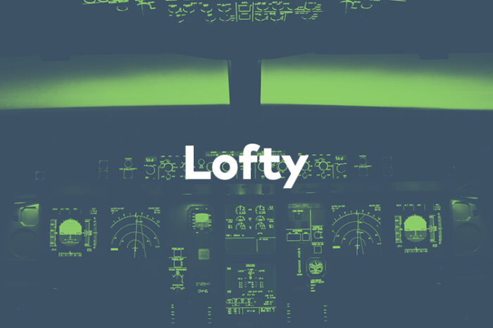 Image of a plane cockpit with the word "Lofty" superimposed.
