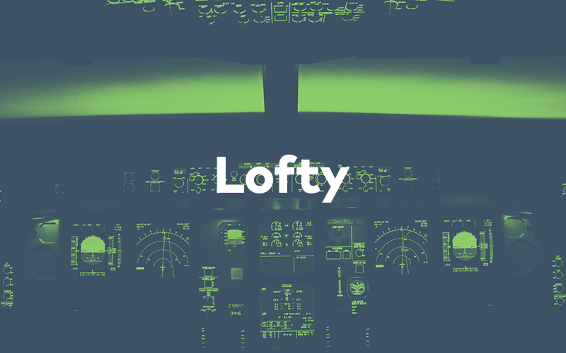 Image of a plane cockpit with the word "Lofty" superimposed.